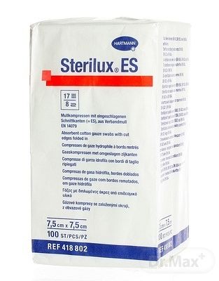 Sterilux ES kompres nesterilný 17 vlákien 8 vrstiev 7,5 cm x 7,5 cm 100 ks